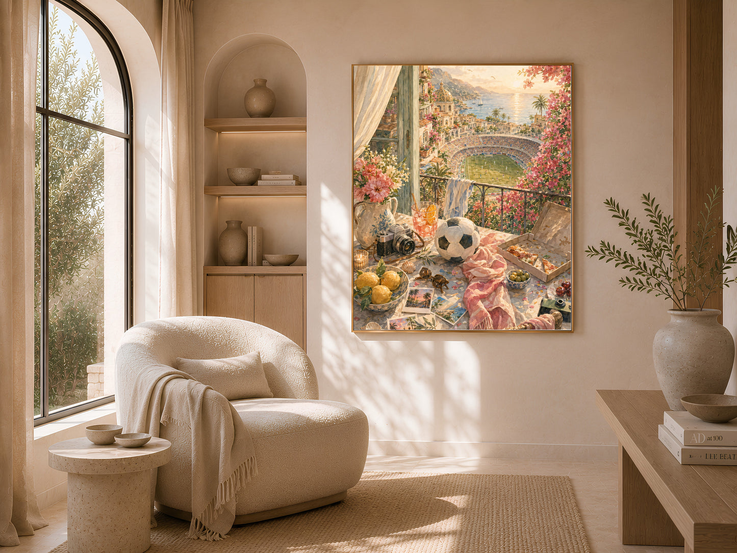 Sunlit desk area with arched window and soft daylight, framed sunset balcony wall art hanging above a wooden desk and chair.
