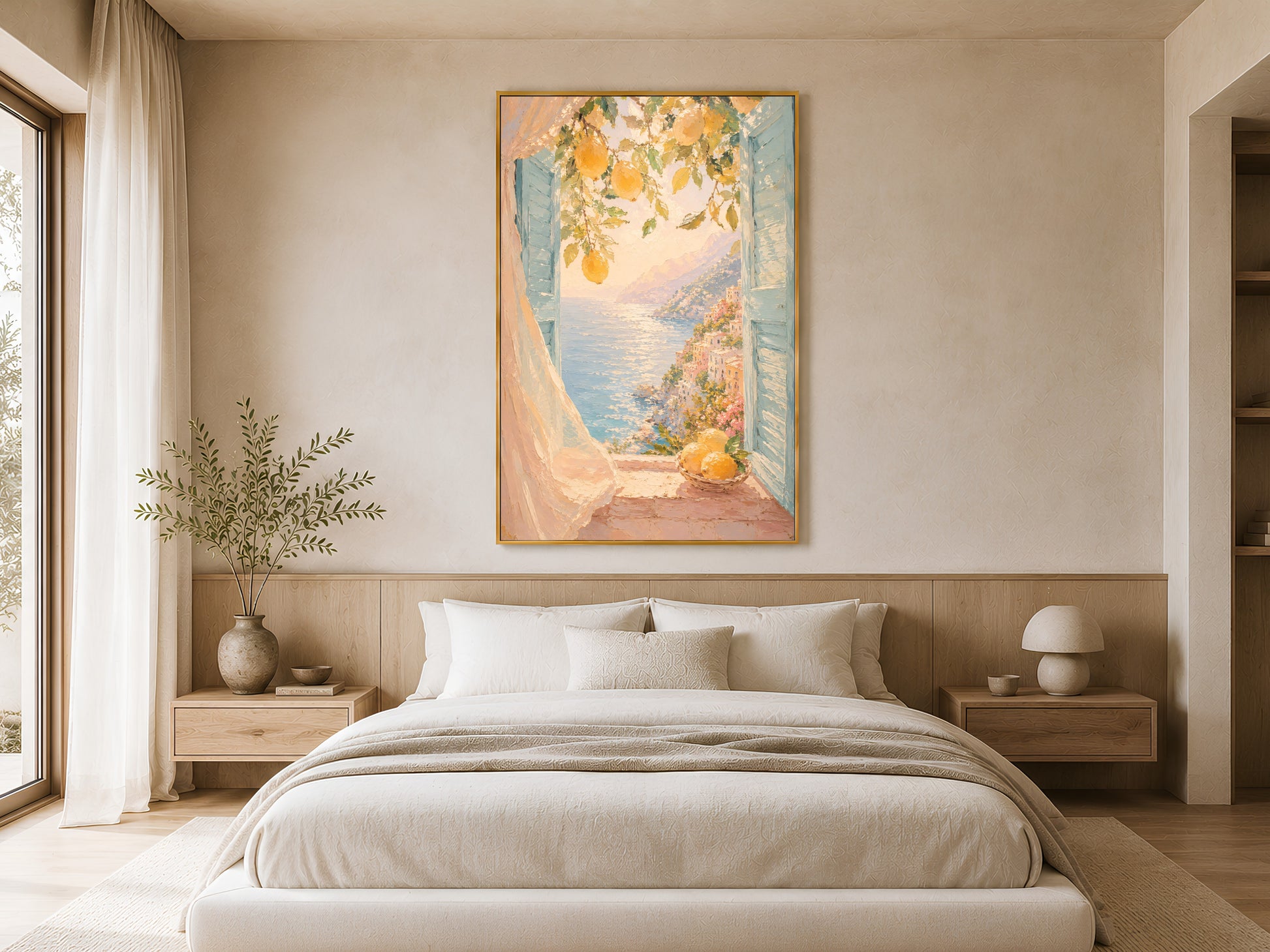 Amalfi Coast lemon wall art in gold frame above a linen bed in a soft neutral Scandinavian-style bedroom