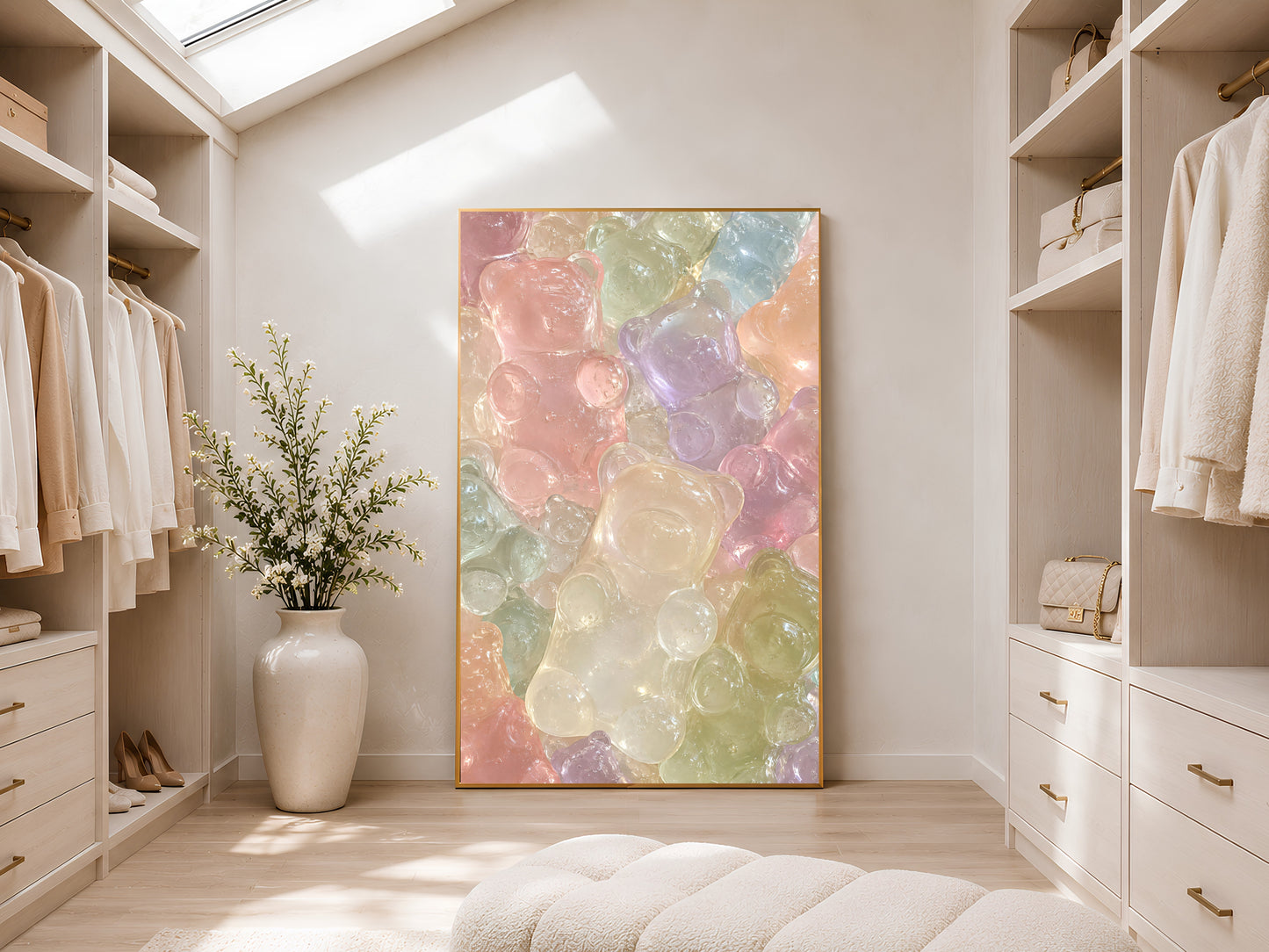 Pink Glass Bear Wall Art in Walk In Closet Dressing Room, Murano Inspired Pastel Wall Decor