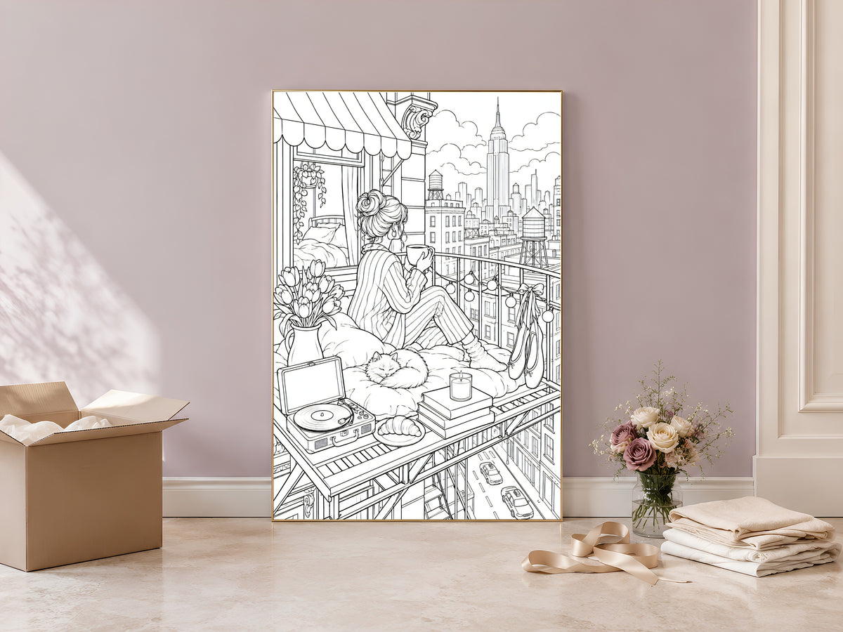 Color Your Own Wall Art, NYC Apartment Line Art Print - Digital Download