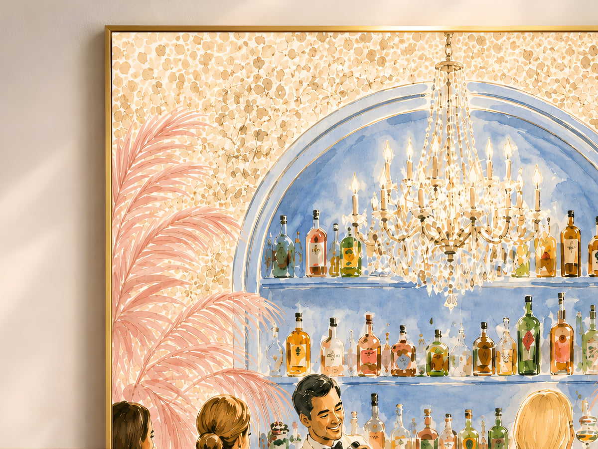 Riviera Cocktail Bar Wall Art, Preppy Pink Watercolor Print - Digital Download