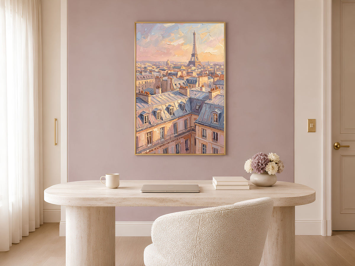 Paris Wall Art, Impasto Oil Painting Print, Eiffel Tower Sunset Rooftops - Digital Download