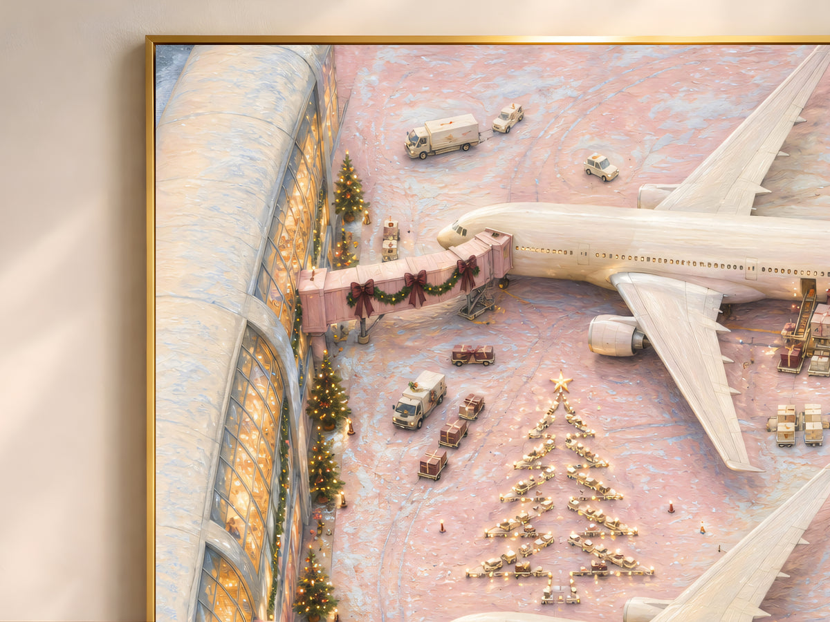 Framed painting of blush pink airport tarmac with gold-star planes and gift carts