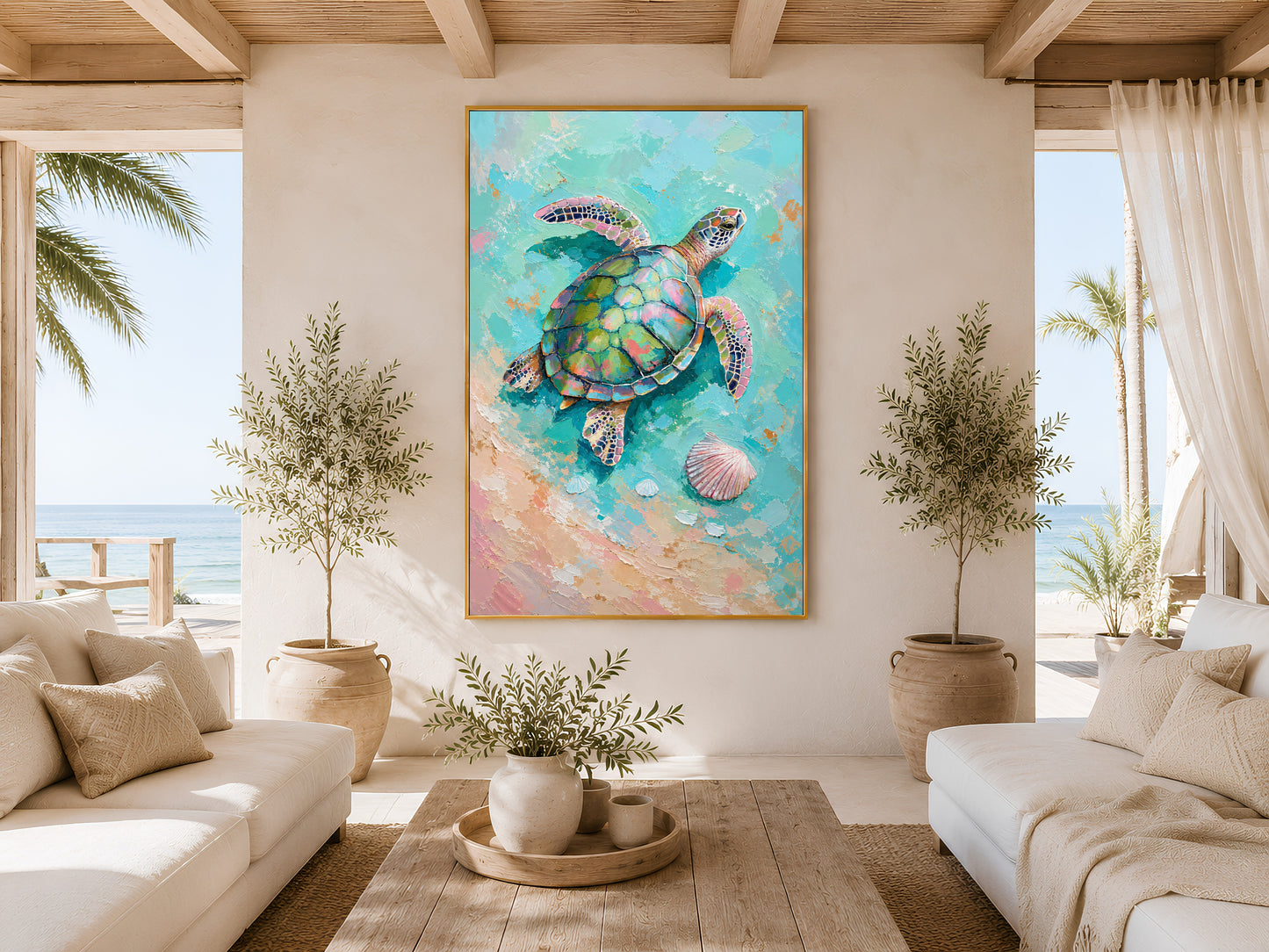 Framed impasto sea turtle print on warm beige wall in Mediterranean living room with palm tree view and cream sofa
