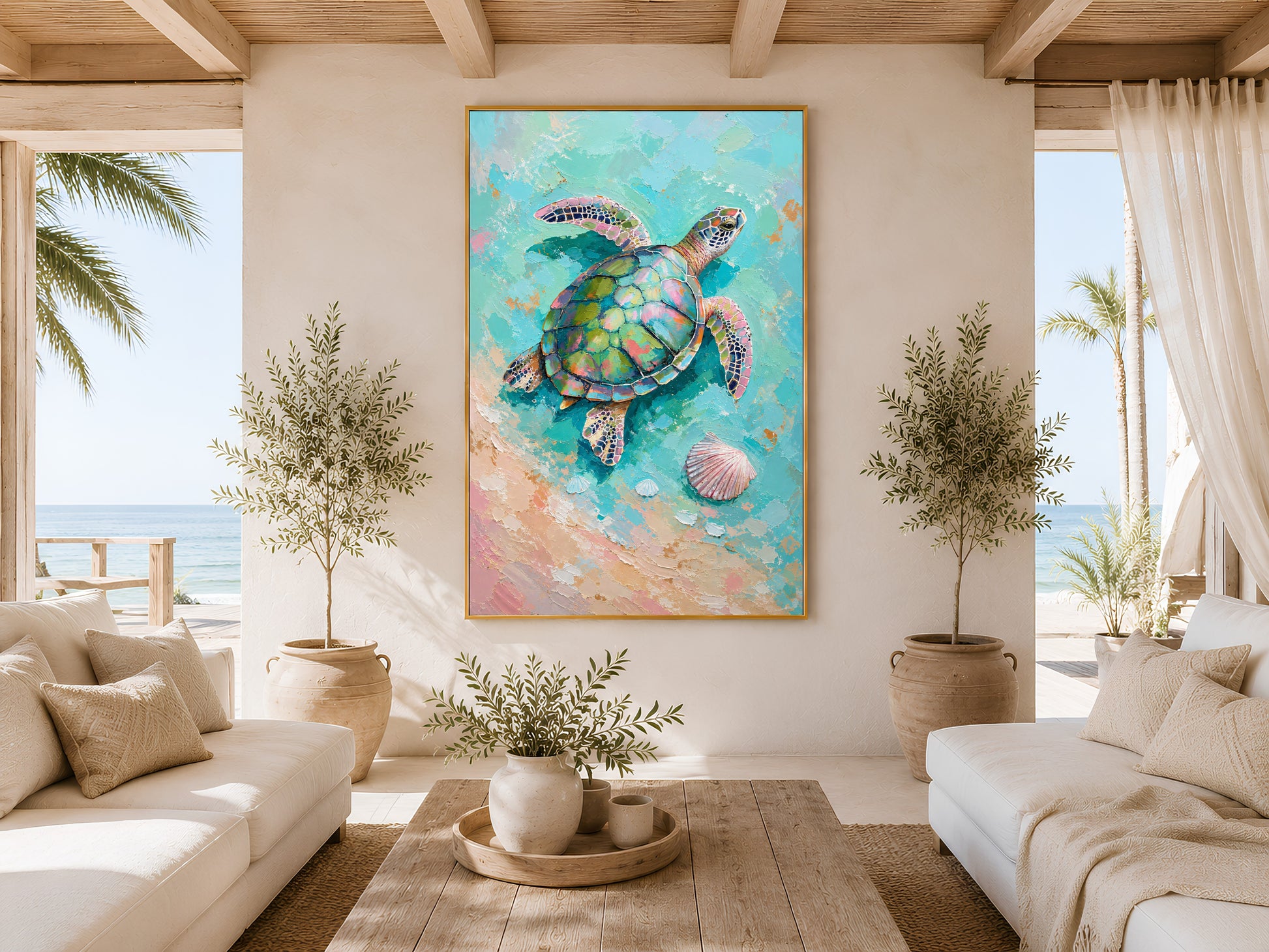 Framed impasto sea turtle print on warm beige wall in Mediterranean living room with palm tree view and cream sofa
