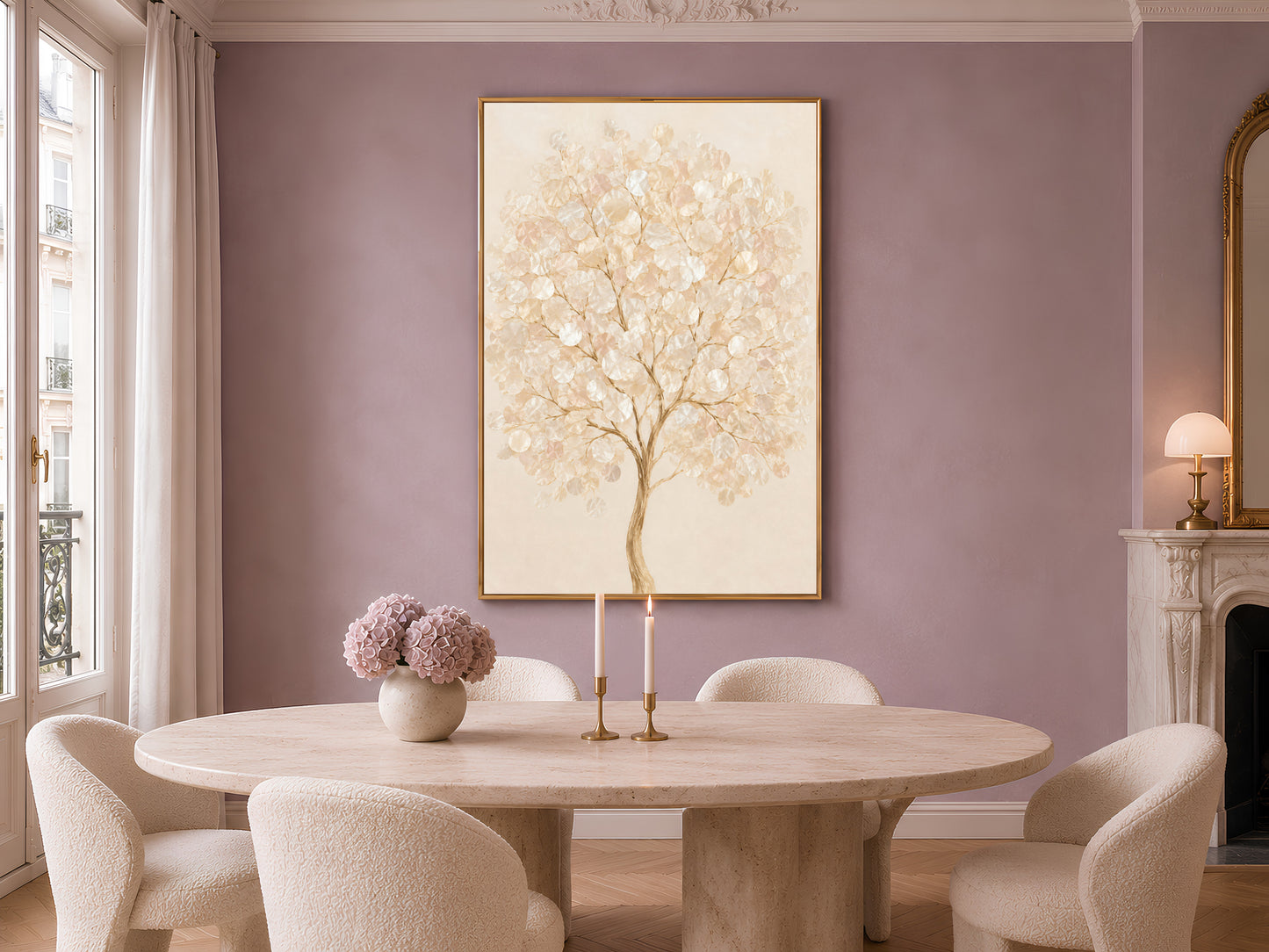 Capiz shell tree art framed in a dining room above a round table and upholstered chairs
