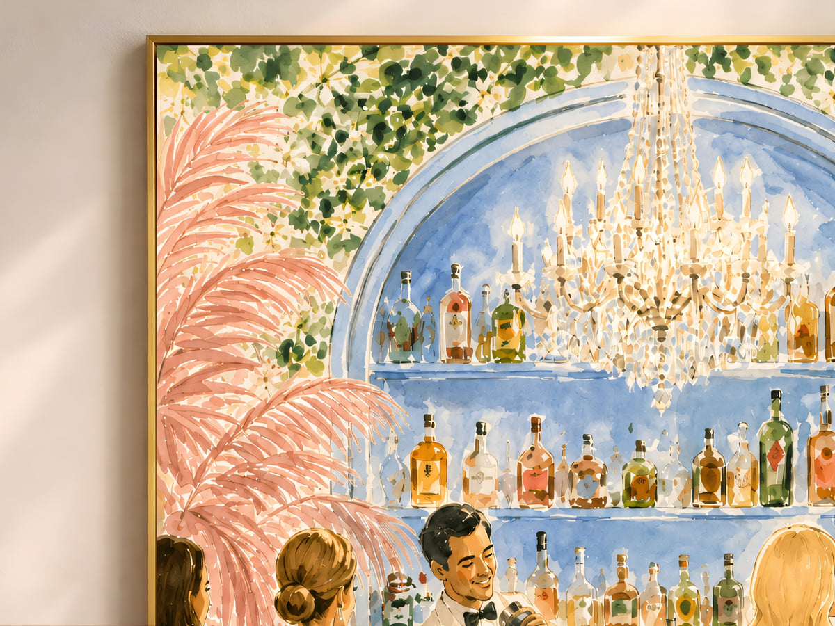 Riviera Cocktail Bar Wall Art, Preppy Pink Watercolor Print - Digital Download