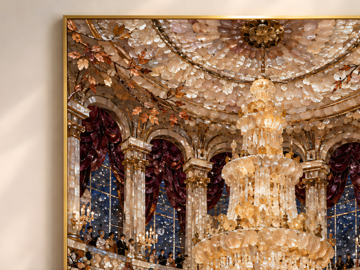 Close-up detail of the opera aesthetic ballroom print showing the gold chandelier and iridescent mosaic texture