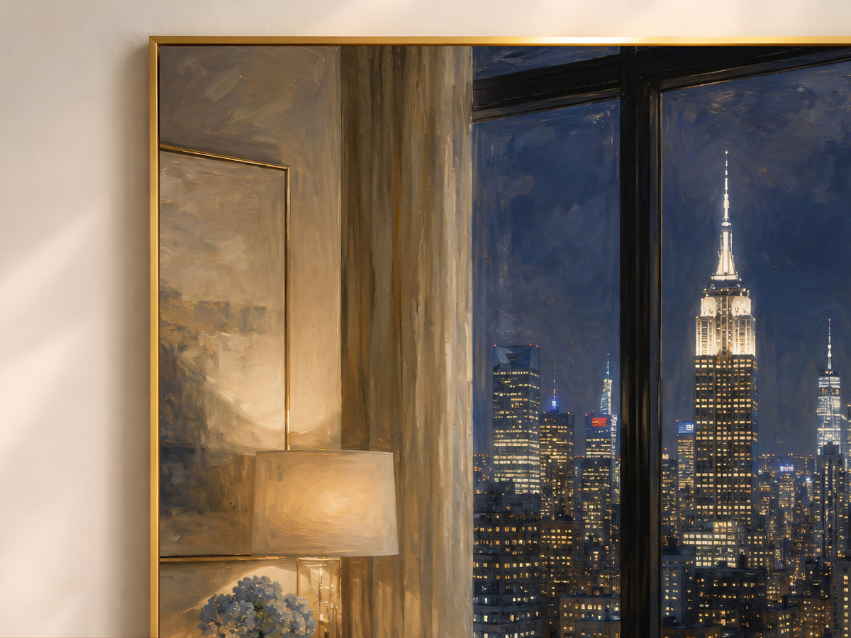 NYC Penthouse View Wall Art, Navy Blue City Skyline Print - Digital Download