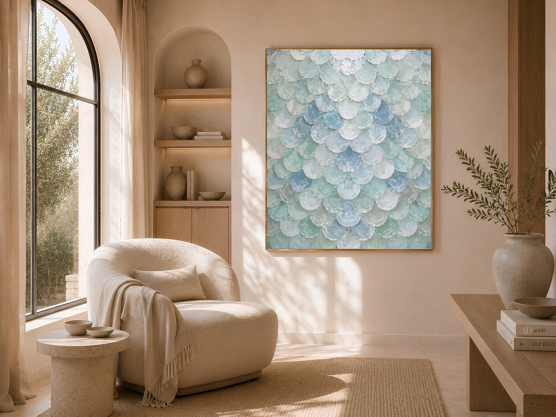 Seafoam capiz shell wall art above cream armchair in arched window living room
