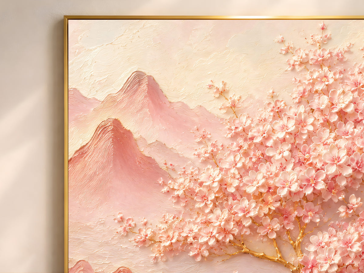 Close-up of textured monochrome pink cherry blossom mountain landscape with gold-veined branches