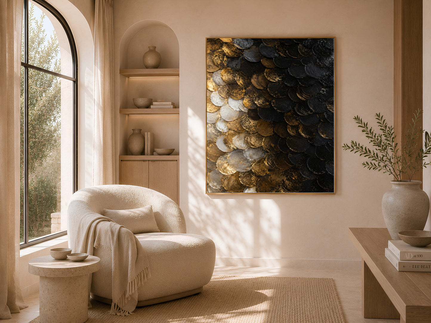 Black gold capiz shell wall art above cream armchair and arched window
