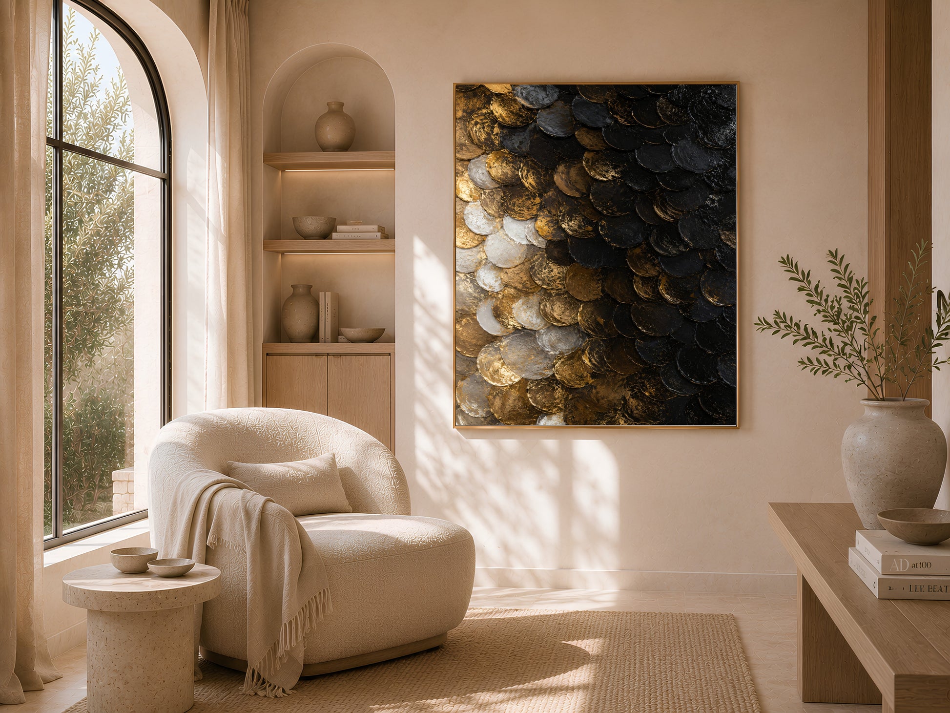 Black gold capiz shell wall art above cream armchair and arched window
