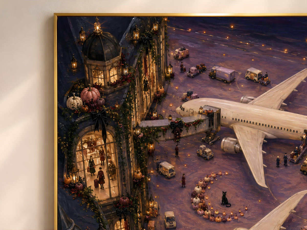 Framed painting of gothic terminal with pumpkins, lanterns, and black cat