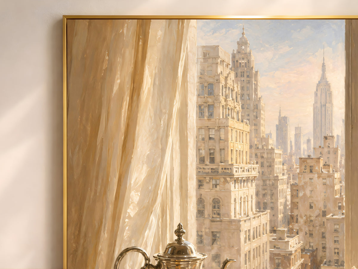 Breakfast Still Life Wall Art, Old Money Aesthetic Print, NYC Skyline Painting - Digital Download
