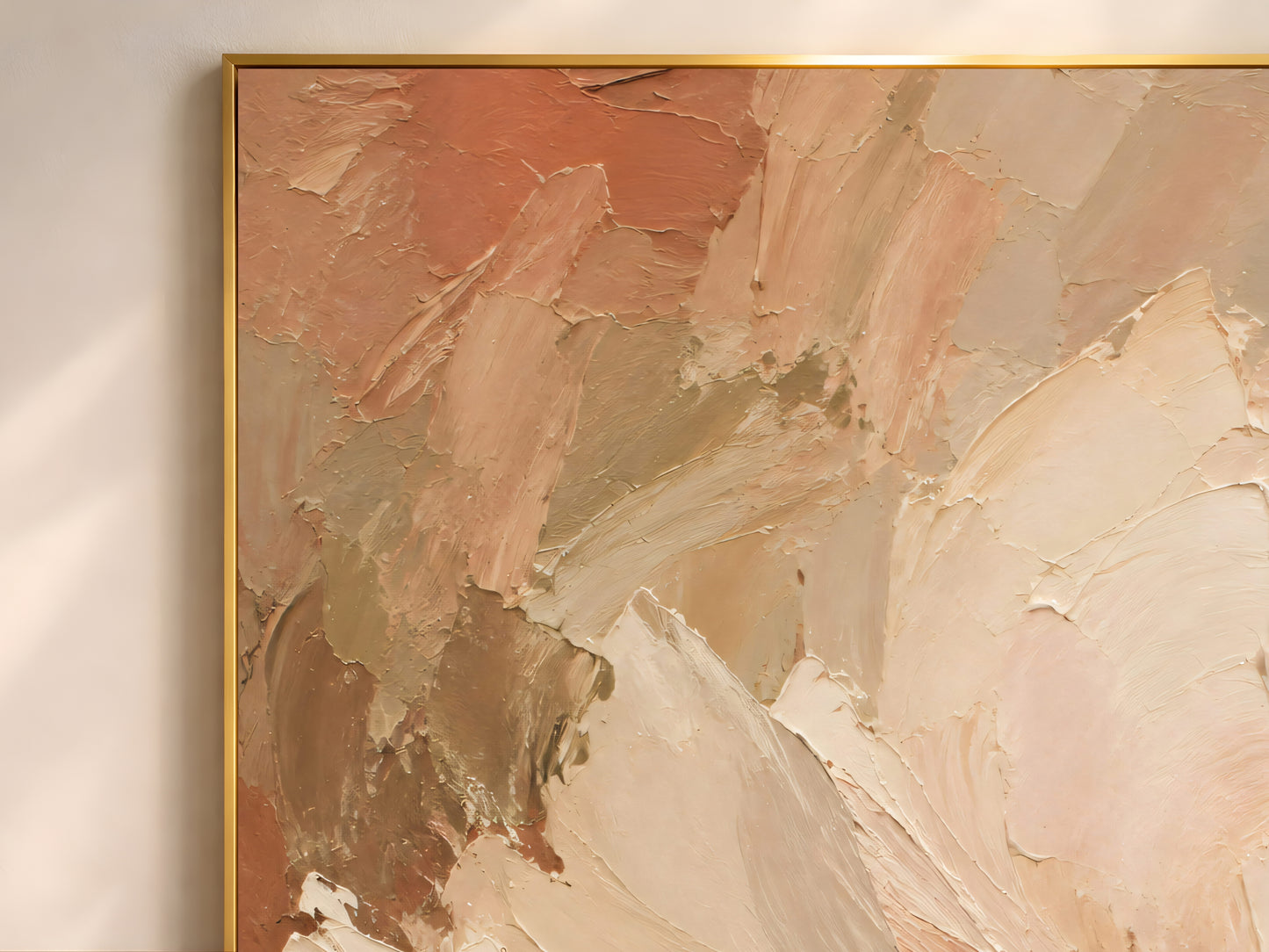 Close-up of thick impasto brushstrokes in terracotta, blush, and sage on a peony painting