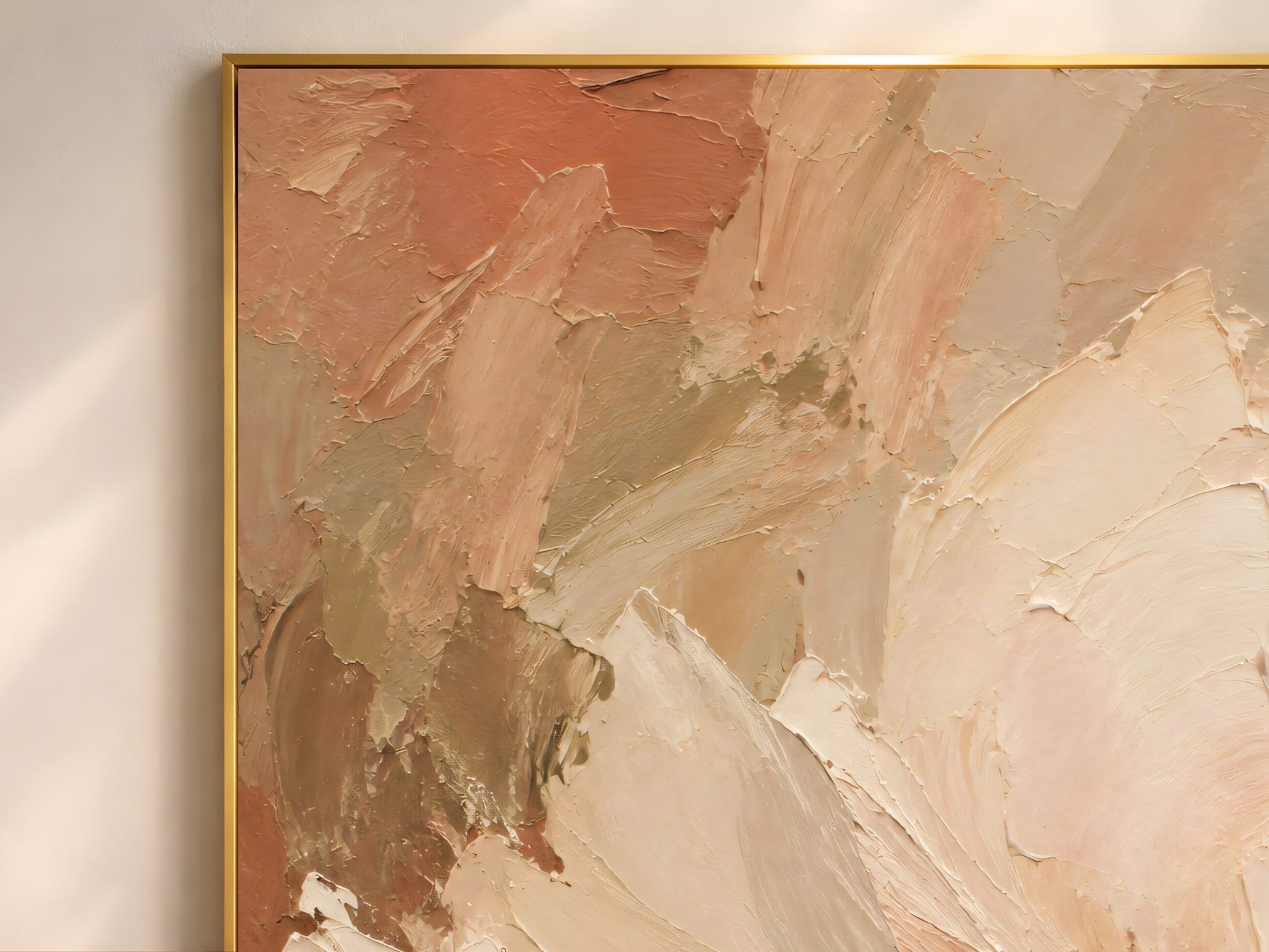 Close-up of thick impasto brushstrokes in terracotta, blush, and sage on a peony painting