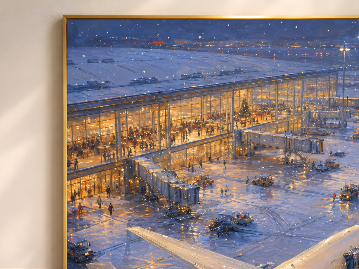 Close-up of framed airport terminal painting, glowing gold lights on snowy tarmac