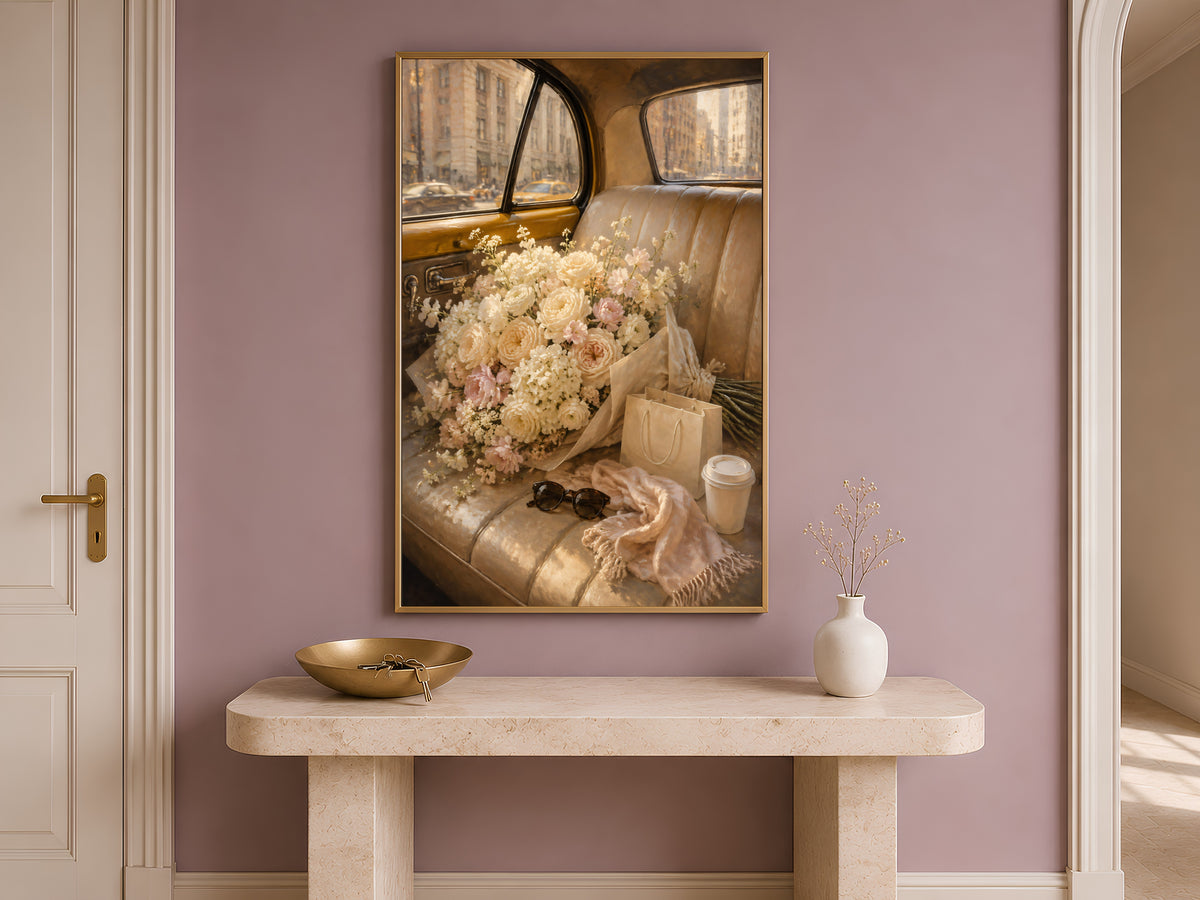 Flower Bouquet Wall Art, Old Money Aesthetic Print, Vintage Taxi Painting - Digital Download