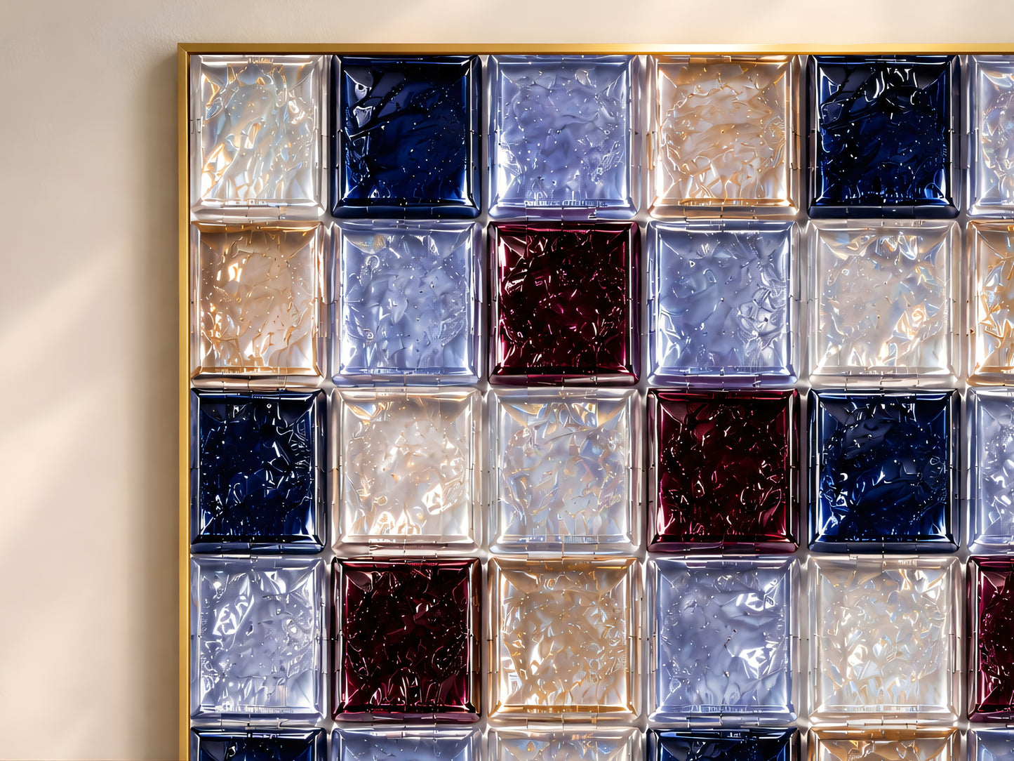 Close-up of glossy navy, burgundy, and champagne glass tile checkerboard artwork
