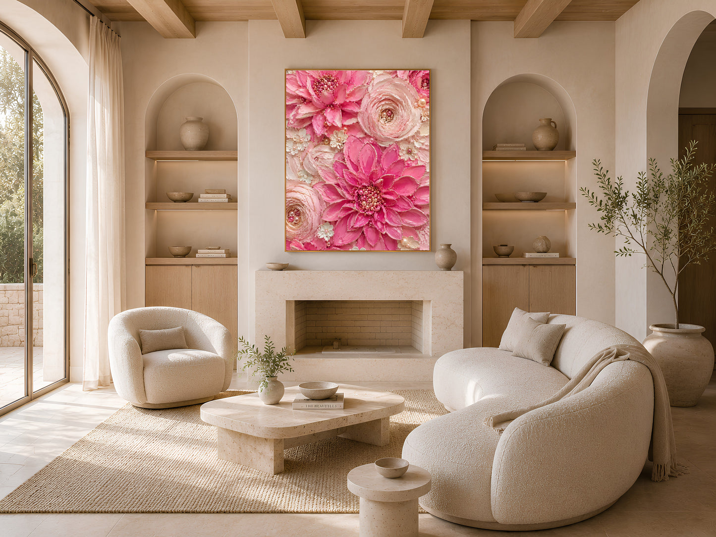 Hot pink dahlia wall art framed above a fireplace in a bright living room
