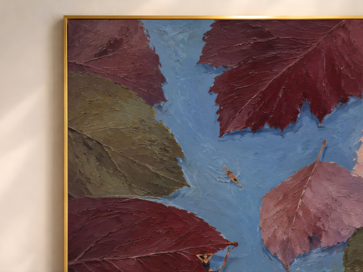 Close-up of aerial swimmer painting showing giant autumn leaves and blue water texture