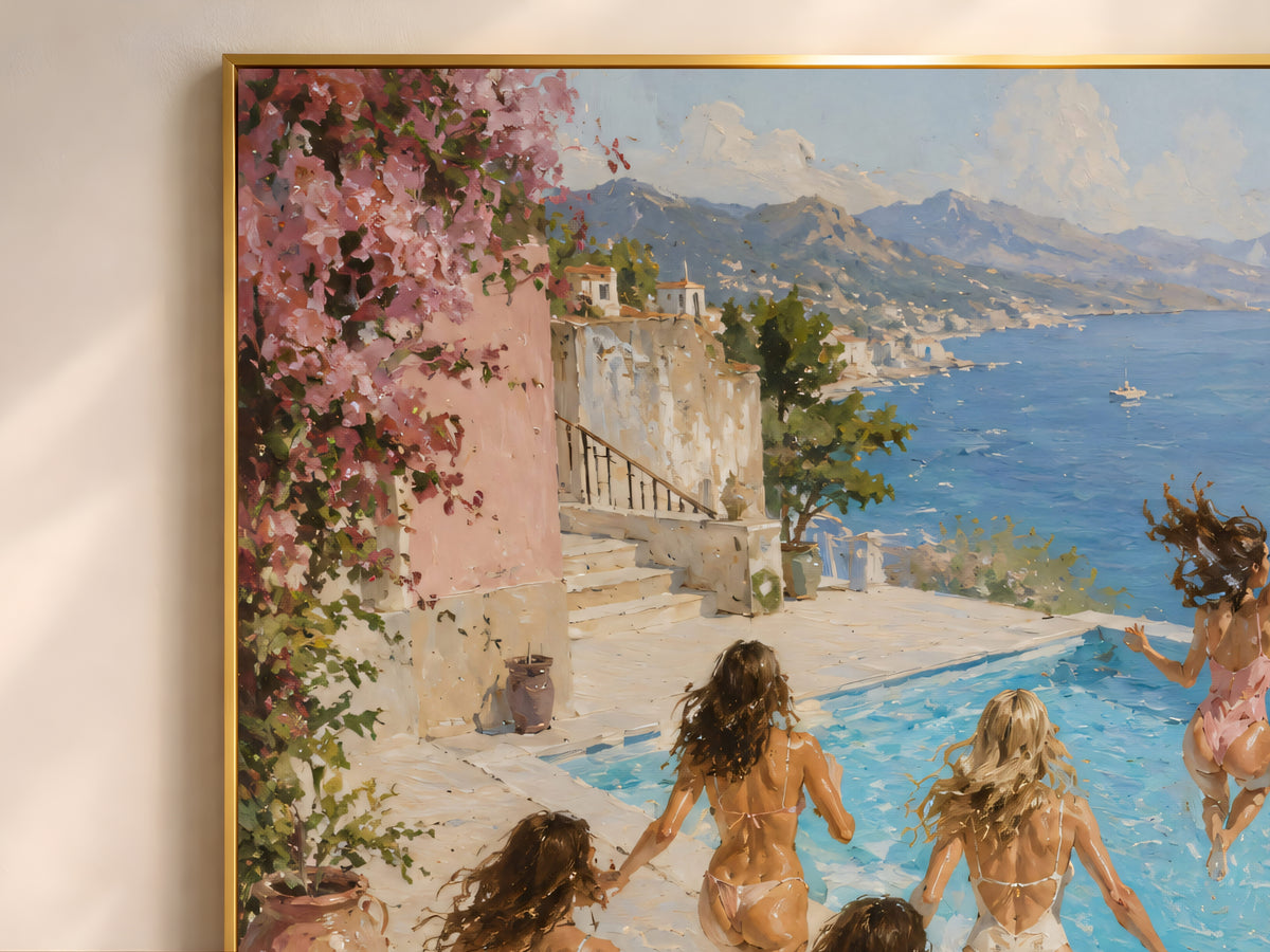 Close-up of Amalfi Coast pool wall art showing friends diving in and bougainvillea terrace