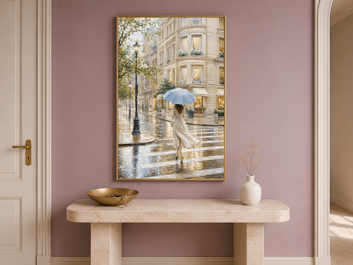 Woman With Umbrella Print, Rainy European Street Painting - Digital Download