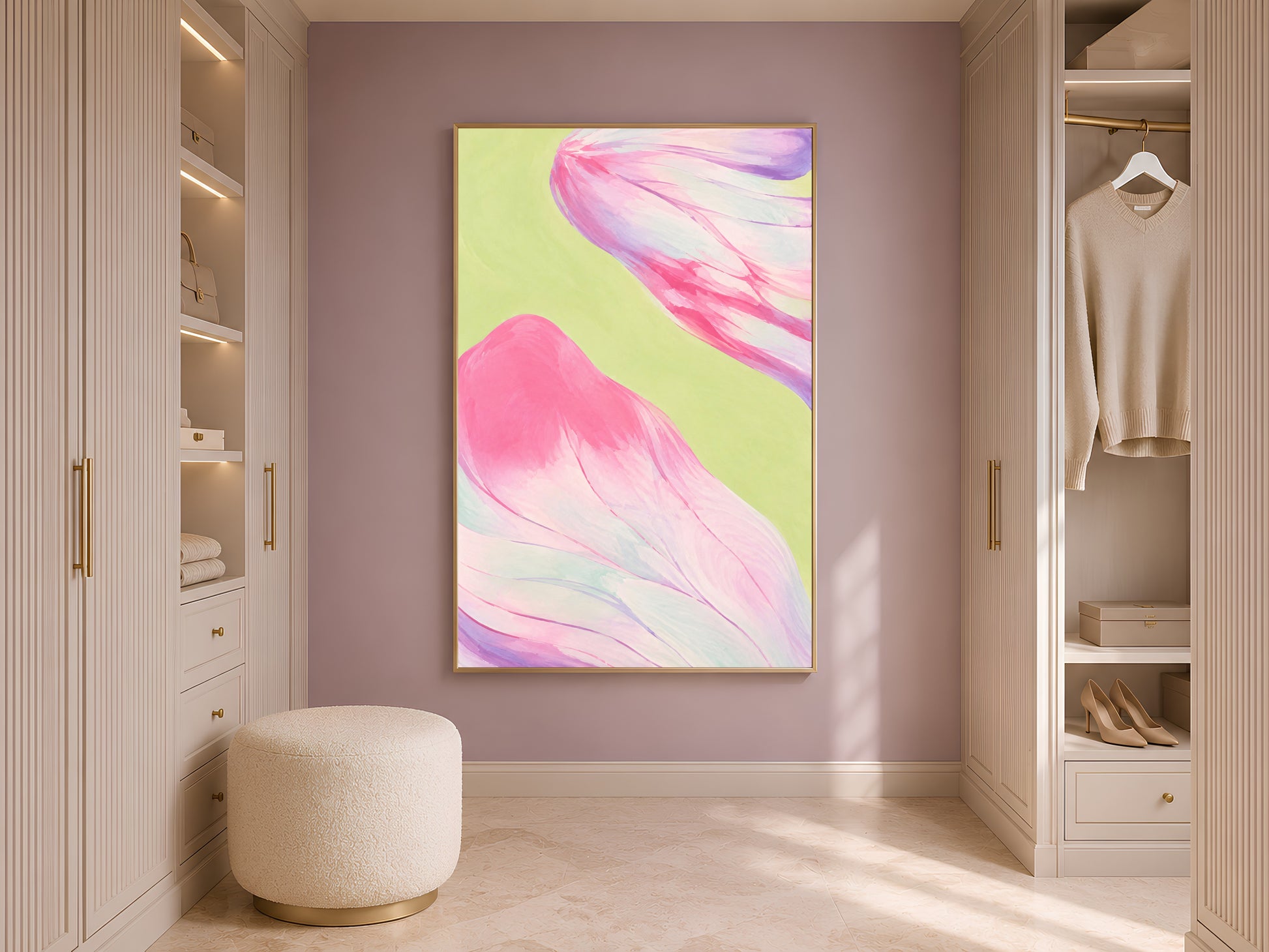 Pink and purple abstract art in walk-in closet, maximalist decor mockup