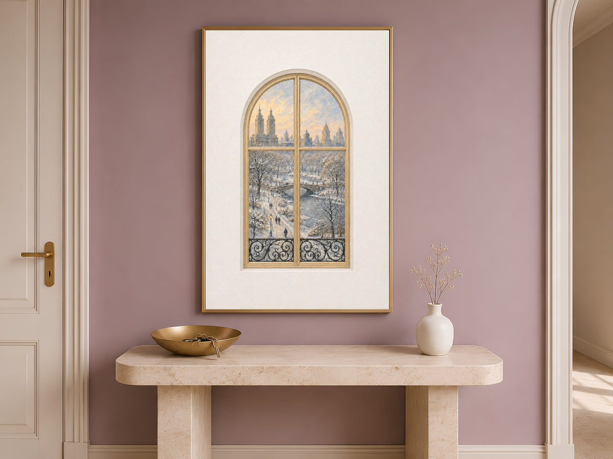 Central Park Window Wall Art, Snowy Winter Bridge View Print - Digital Download