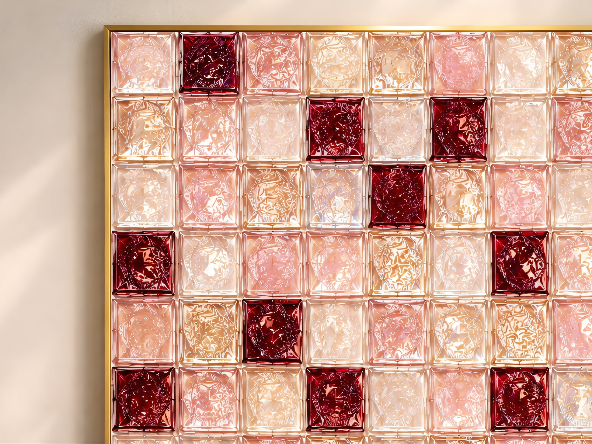 Close-up of glossy ruby red, blush pink, and peach glass mosaic tile artwork