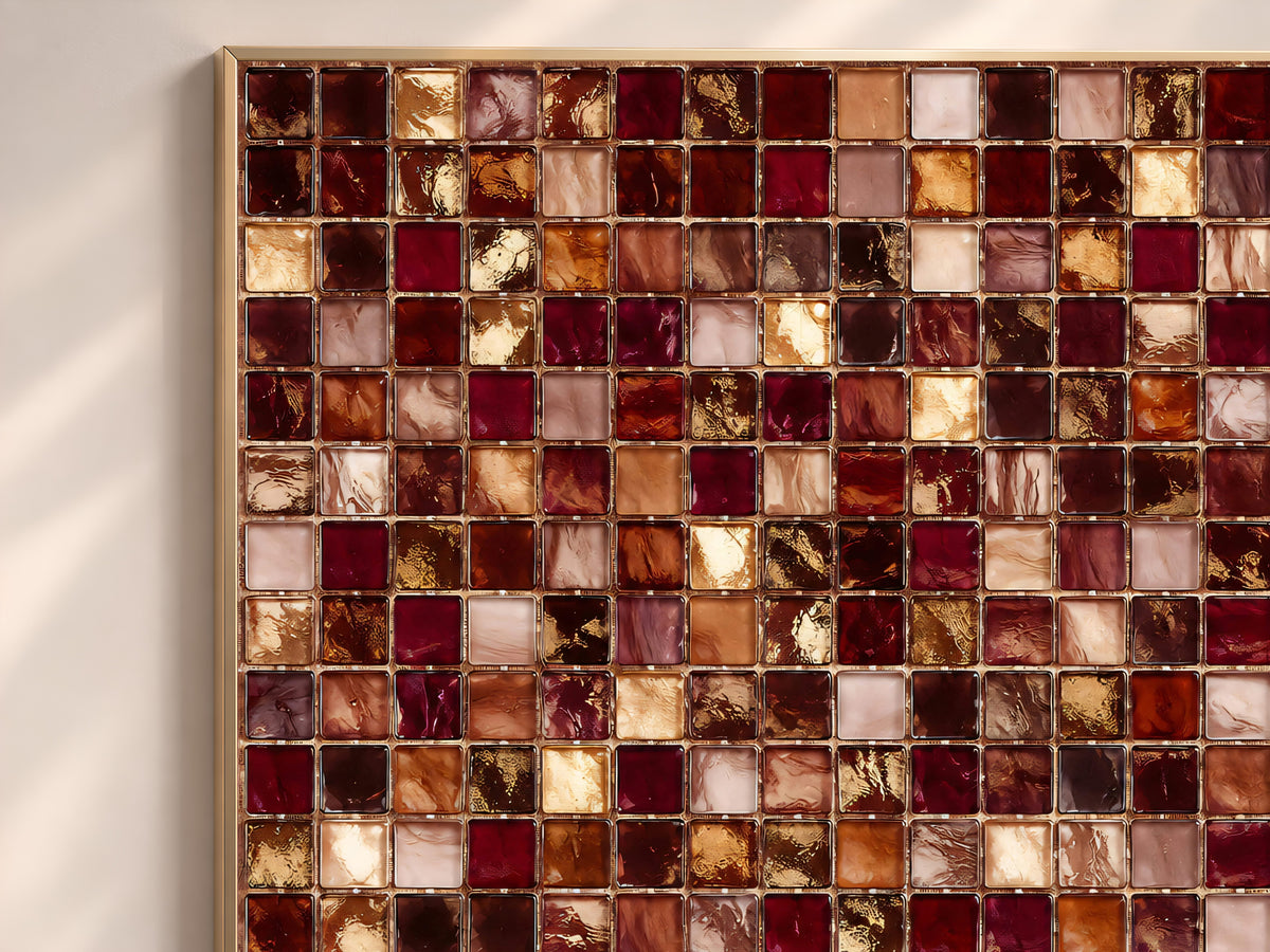 Burgundy and Gold Mosaic Tile Wall Art Print, Wine Red, Blush and Amber Tile Grid Painting, Printable Moody Warm Decor, Digital Download