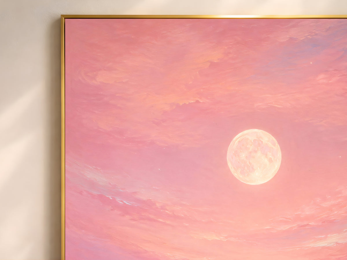 Close-up of pink moon ocean wall art showing full moon glow over pastel water reflection