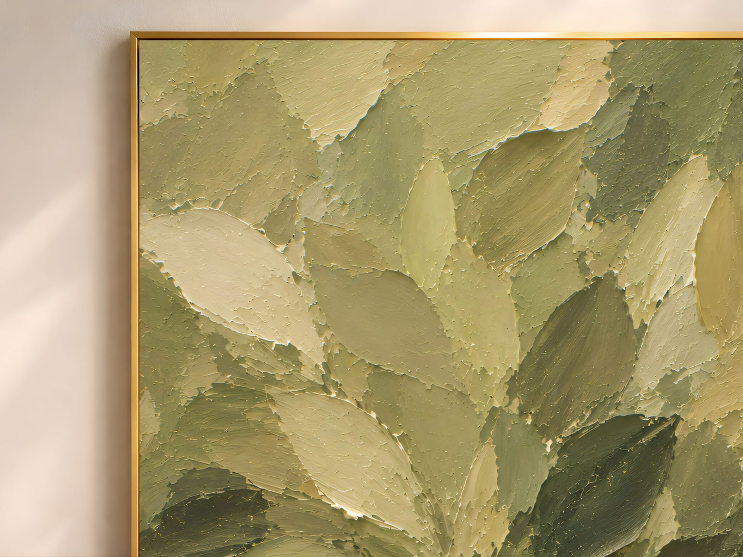 Close-up of thick impasto brushstrokes in olive, sage, and cream on a dense leaf painting