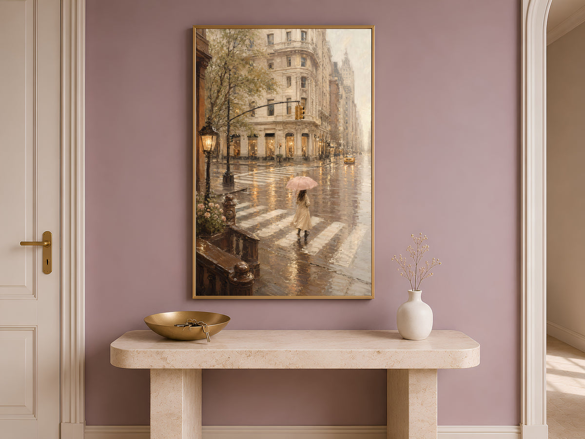 Woman with Umbrella Wall Art, Pink Umbrella Print, Rainy City Painting - Digital Download