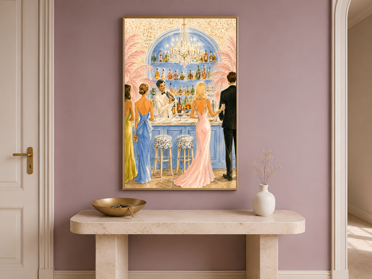 Riviera Cocktail Bar Wall Art, Preppy Pink Watercolor Print - Digital Download