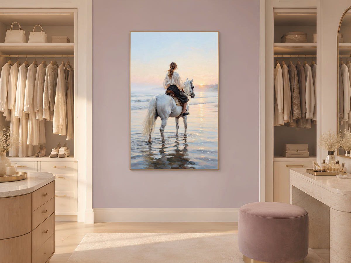 Woman on White Horse Wall Art, Beach Sunset Oil Painting Print - Digital Download