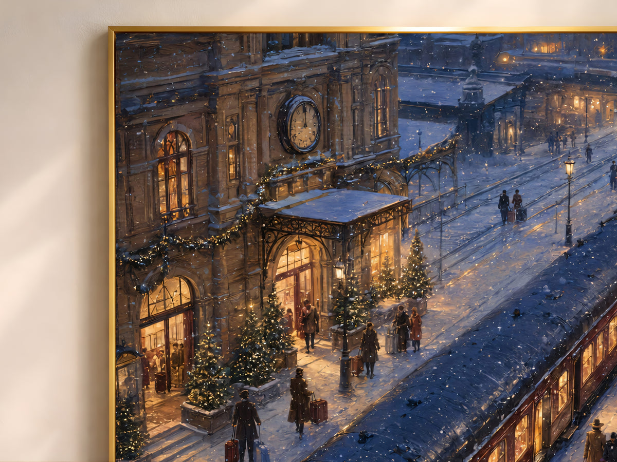 Framed painting of snowy train station exterior with Christmas trees and lamplight