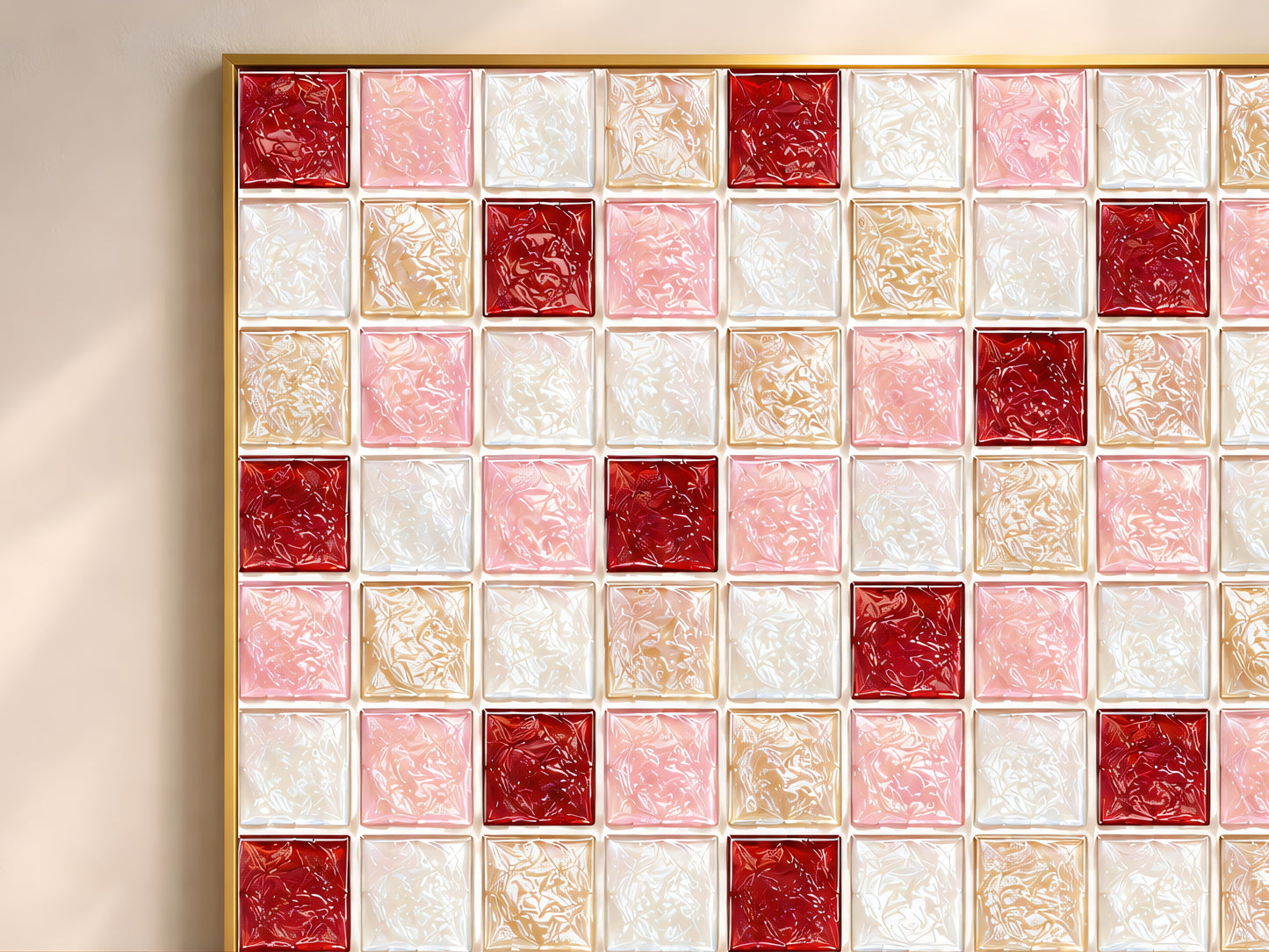 Close-up of glossy jewel-tone mosaic tiles in cherry red, blush pink, and cream on an abstract print