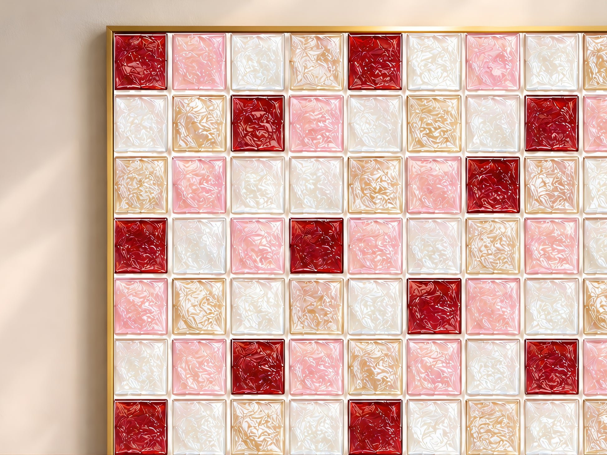 Close-up of glossy jewel-tone mosaic tiles in cherry red, blush pink, and cream on an abstract print