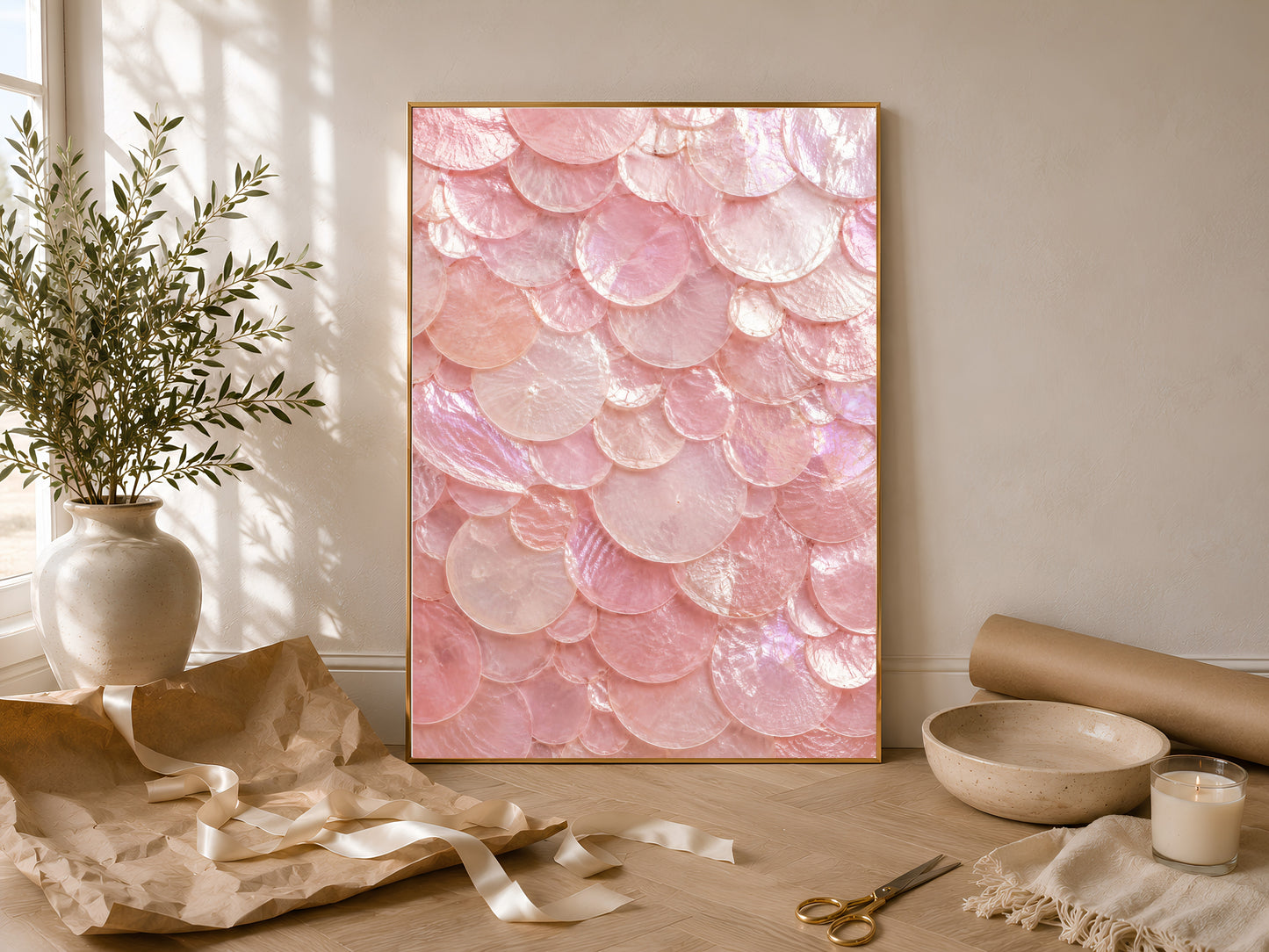 Sunlit tablescape with a framed pink capiz shell print, a ceramic vase, olive branches, and woven styling props.