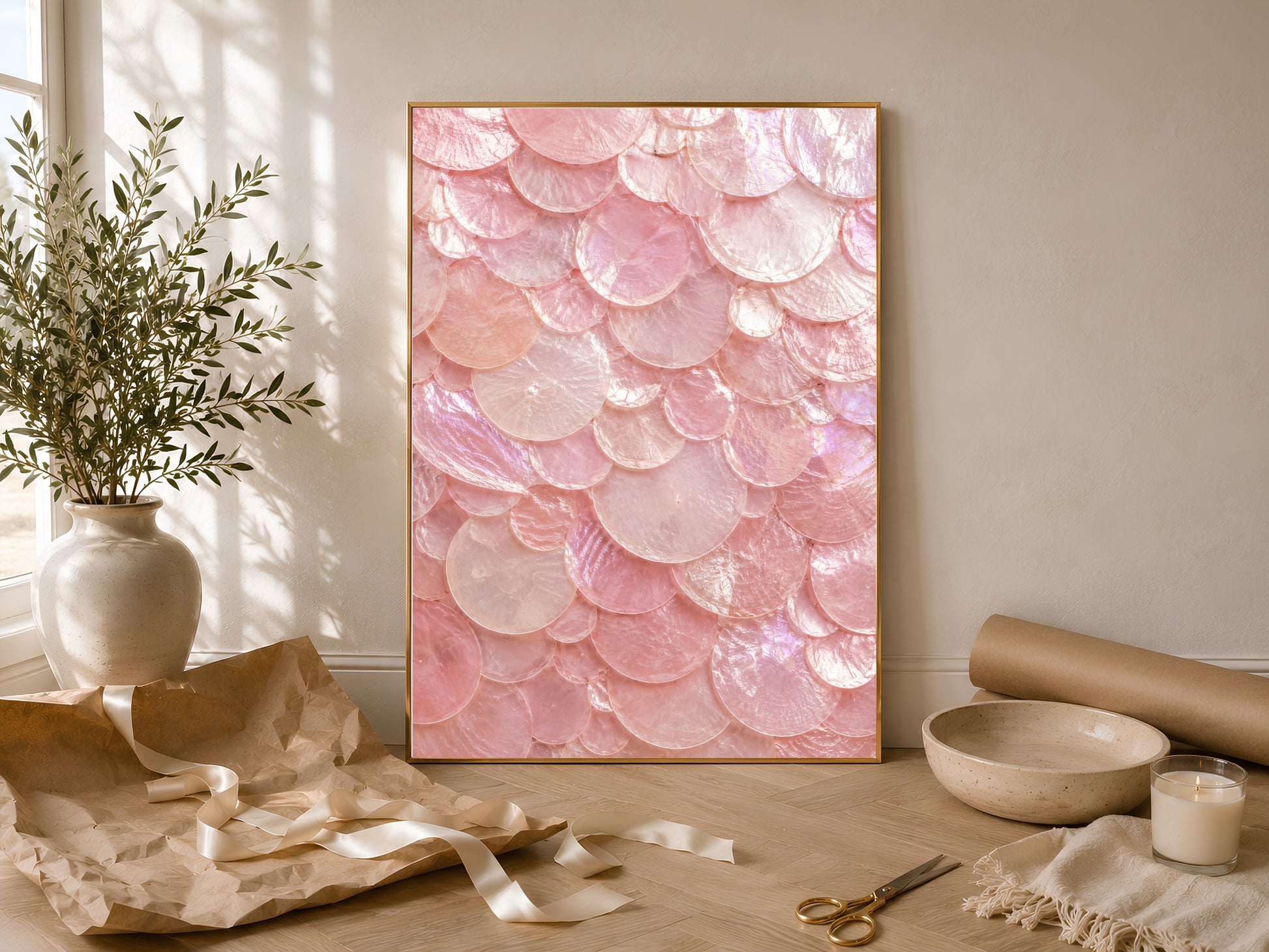 Sunlit tablescape with a framed pink capiz shell print, a ceramic vase, olive branches, and woven styling props.