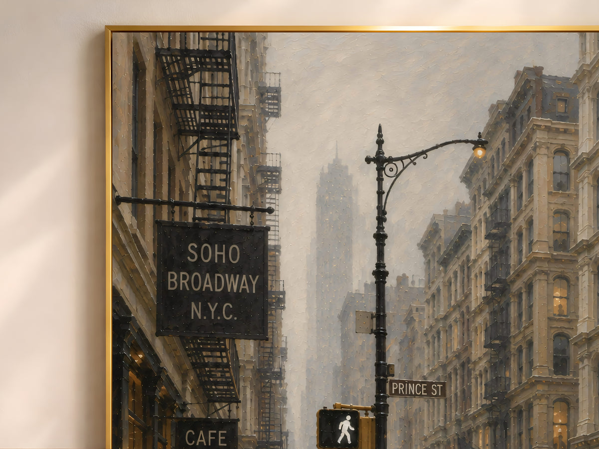 Close-up detail of framed SoHo NYC oil painting print with Prince Street sign and cast-iron facades