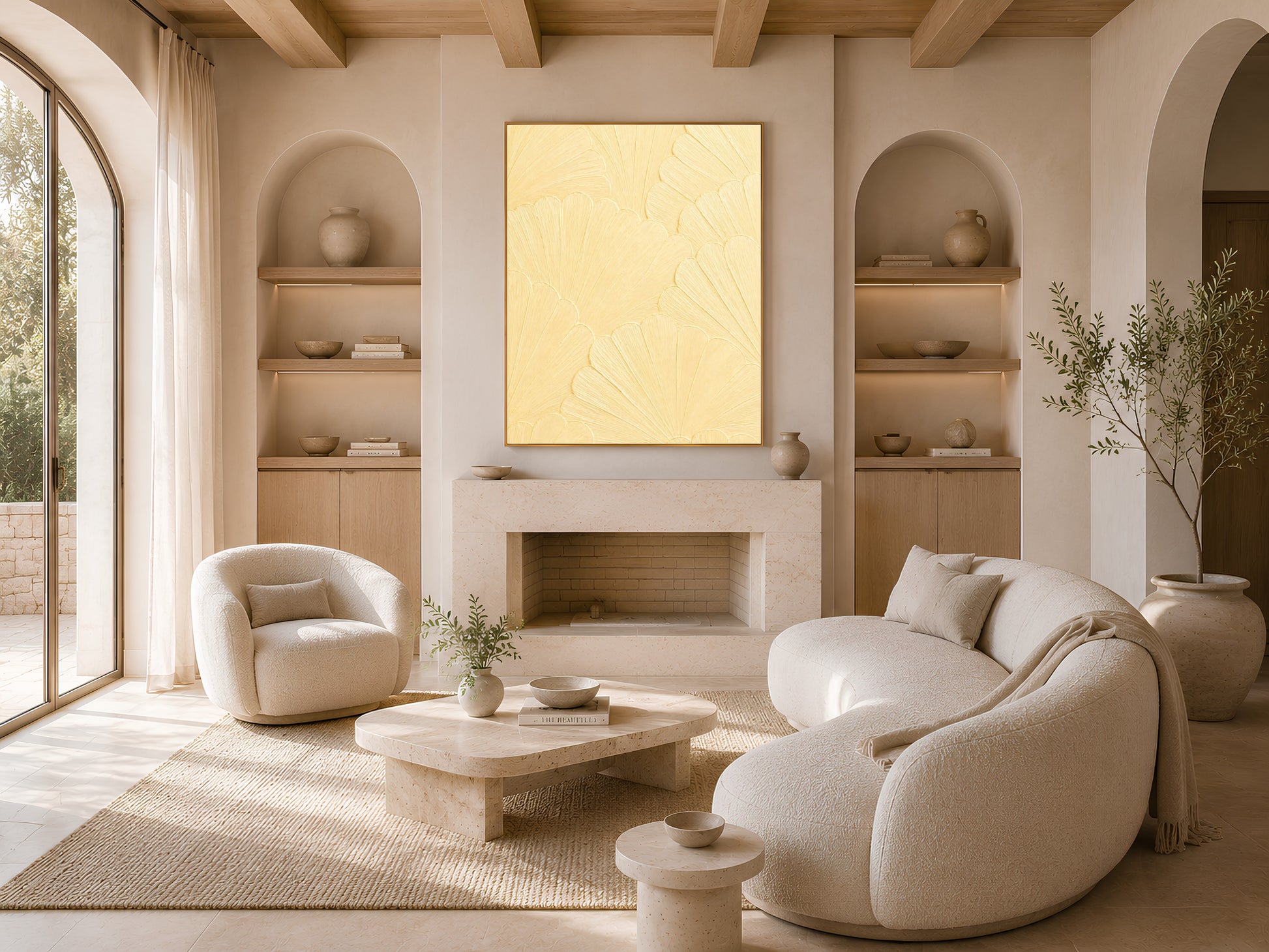 Butter yellow wall art displayed in a warm neutral living room with a boucle sofa and arched shelving