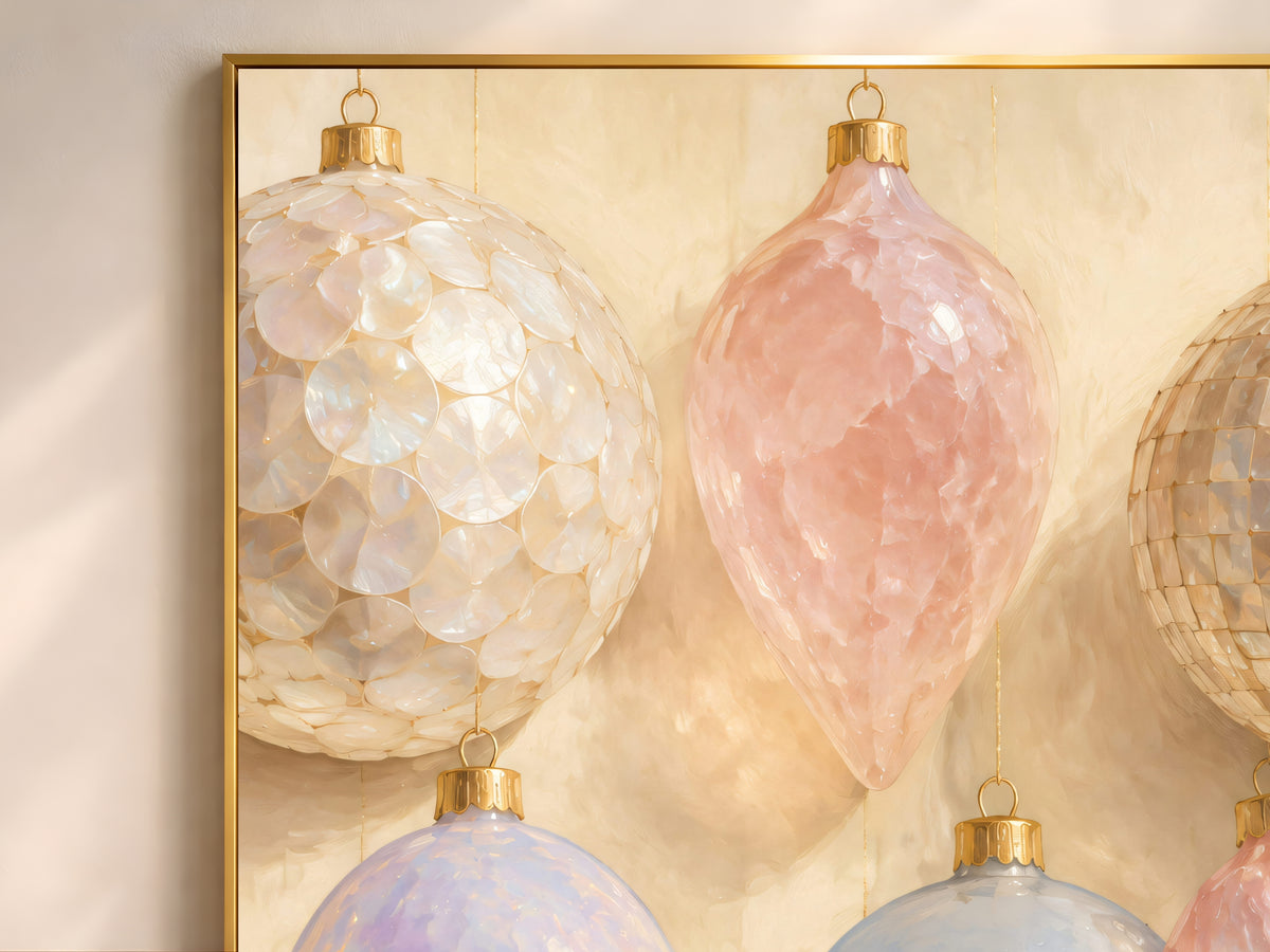 Close-up of iridescent Christmas ornament art showing mother-of-pearl and opal glass texture