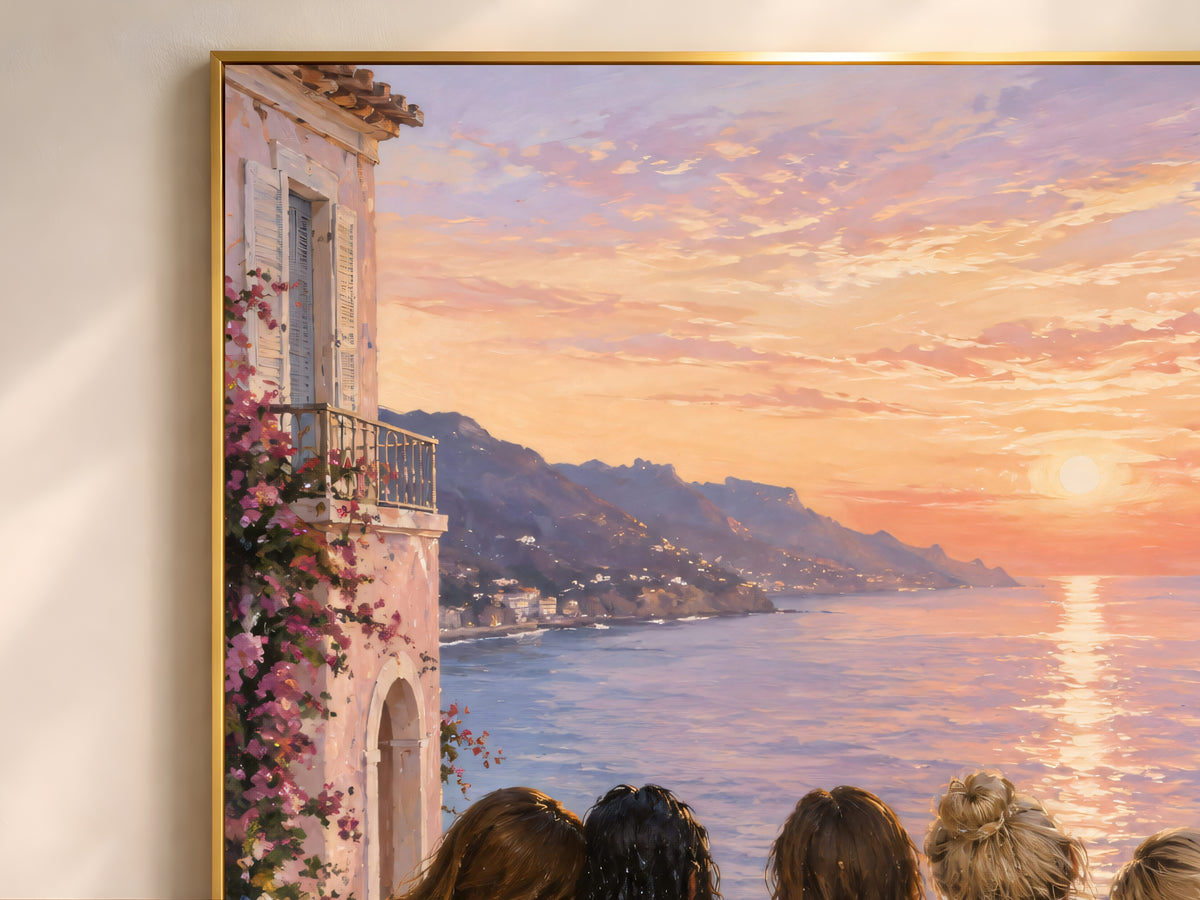 Close-up of Amalfi Coast sunset wall art showing golden hour light over the sea and coastal village