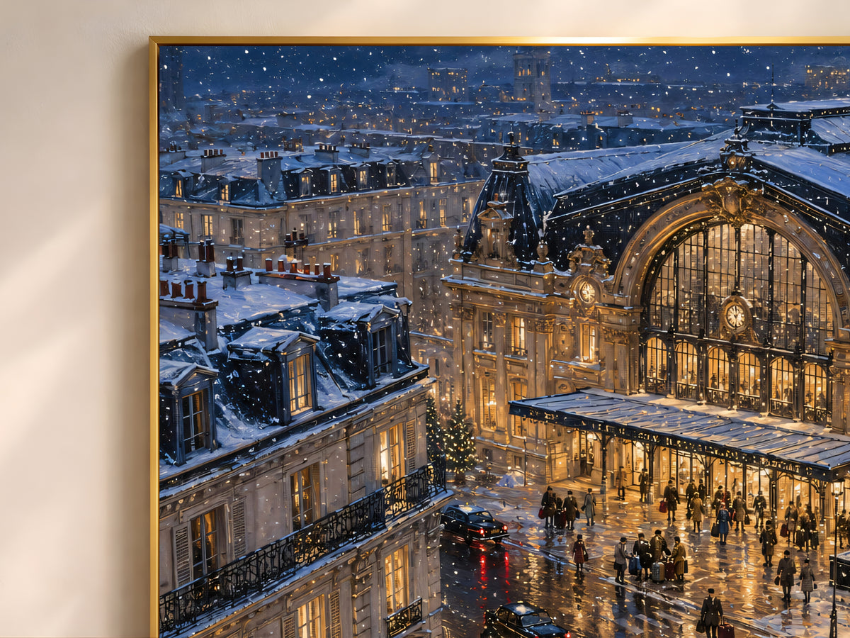 Framed painting of snowy Parisian train station with glowing gold windows