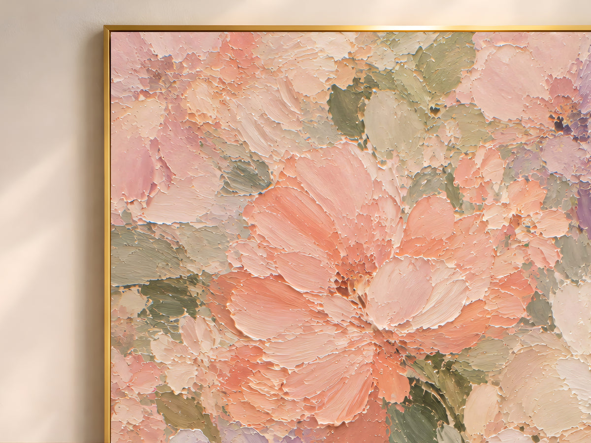 Close-up of thick impasto brushstrokes in coral, pink, cream, and sage on a floral garden painting