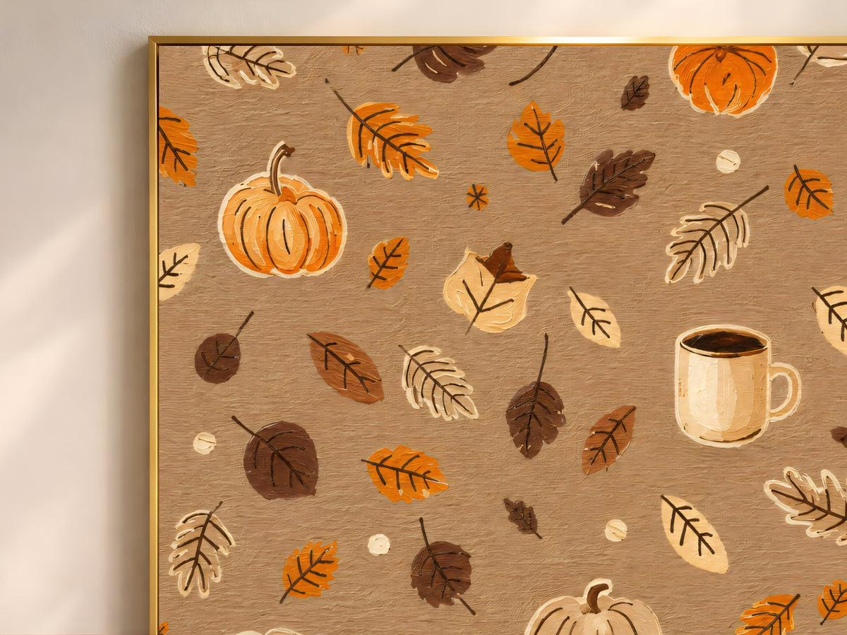 Close-up of impasto autumn pattern painting texture with pumpkins, leaves, and coffee mugs