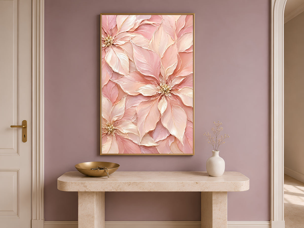 Blush Christmas wall art framed above entryway console table with vase
